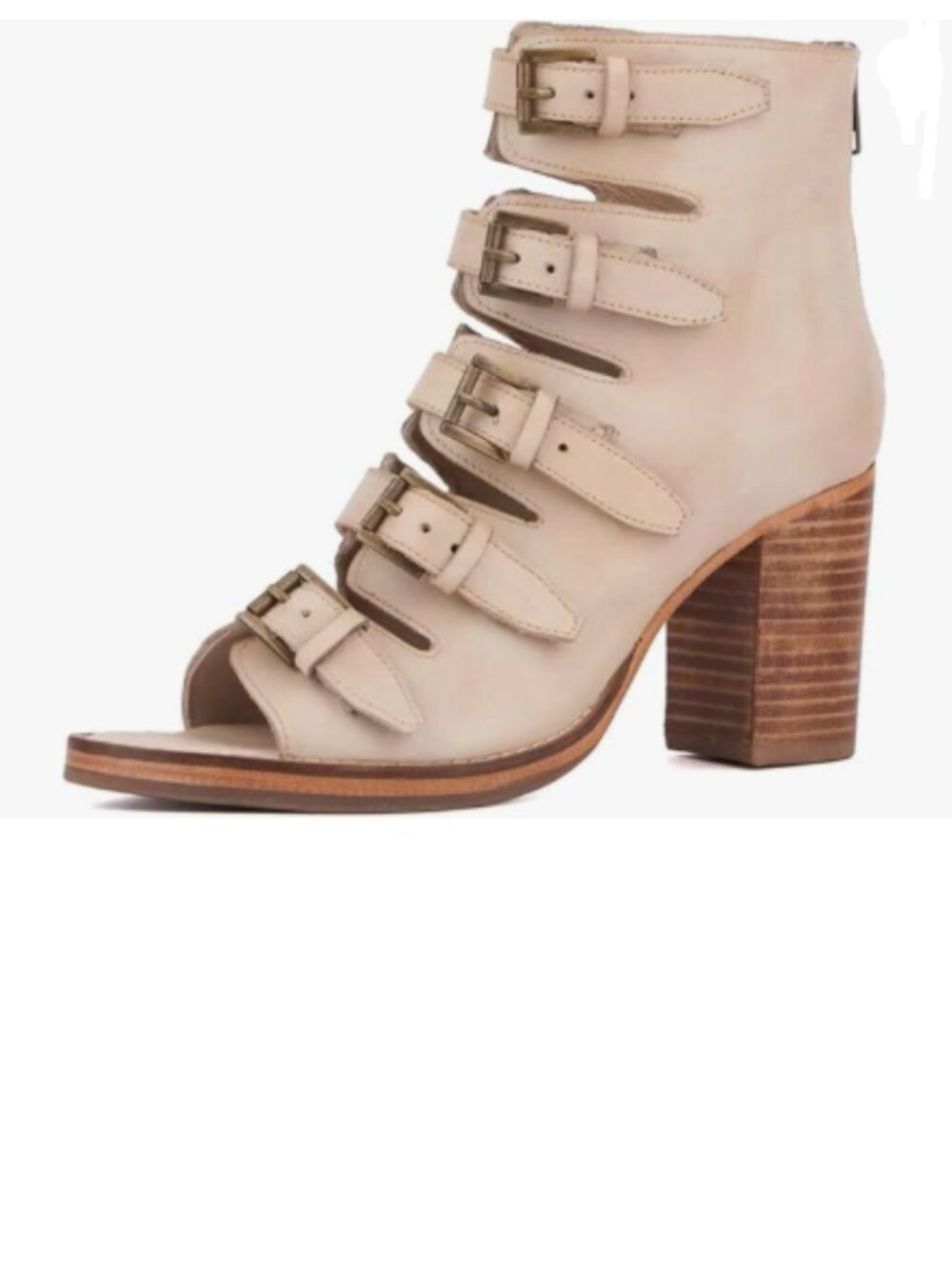 YDN Beige Peep Toe Ankle Boots with Multi Buckle Strap High Chunky Heels Booties